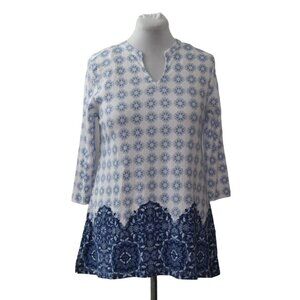 Como Vintage Tunic Top Womens Medium Blue White